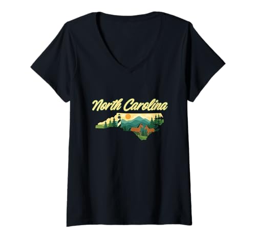 Damen Karte des Bundesstaates North Carolina mit Naturlandschaft im Freien, NC T-Shirt mit V-Ausschnitt von Mystic Lilian