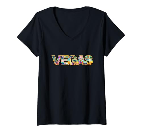 Damen Las Vegas Skyline mit ikonischen Gebäuden in kräftigem Vegas-Text T-Shirt mit V-Ausschnitt von Mystic Lilian