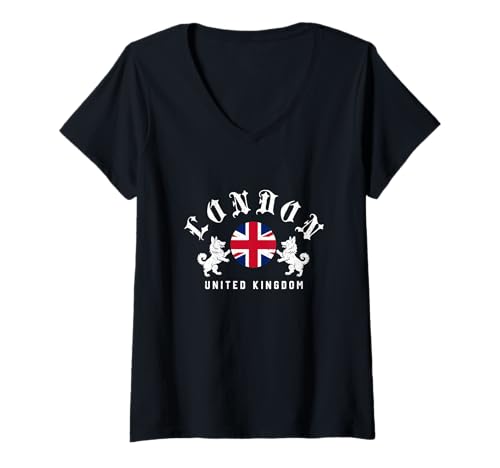Damen London UK Union Jack Royal Corgi Hundeemblem, Vintage-Klassiker T-Shirt mit V-Ausschnitt von Mystic Lilian