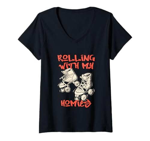 Damen Rolling with My Homies Retro Rollschuh Street Style T-Shirt mit V-Ausschnitt von Mystic Lilian