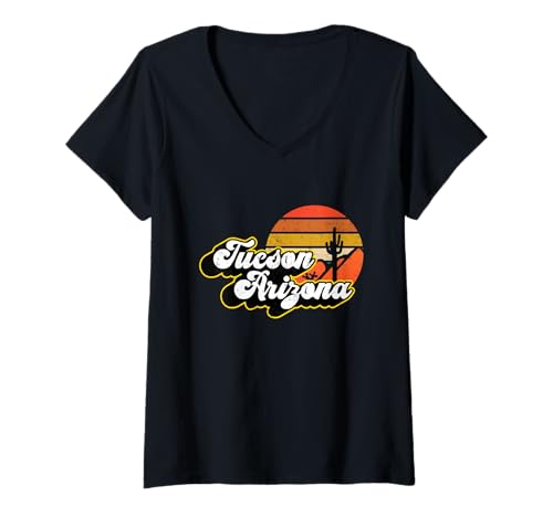 Damen Tucson Arizona Retro Sonnenuntergang und Kaktus 1980er Vintage T-Shirt mit V-Ausschnitt von Mystic Lilian
