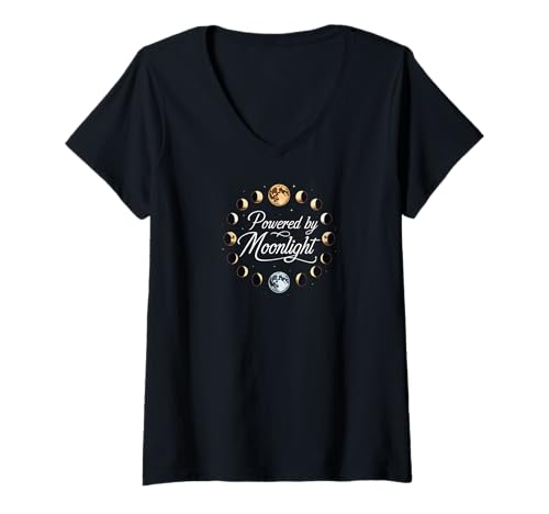 Damen Powered by Moonlight Moon Phases Celestial Lunar Design T-Shirt mit V-Ausschnitt Damen Powered by Moonlight Moon Phases Celestial Lunar Design T-Shirt mit V-Ausschnitt von Mystic Lunar Energy