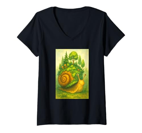 Damen Niedliche Schnecke trägt Miniaturwald T-Shirt mit V-Ausschnitt Damen Niedliche Schnecke trägt Miniaturwald T-Shirt mit V-Ausschnitt von Mystic Meadows