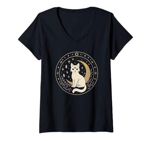 Damen Okkulte Schwarze Katze Hexerei Mondphasen Magie Ästhetik T-Shirt mit V-Ausschnitt von Mystic Moon Cat Witchy Feline Celestial Aesthetic