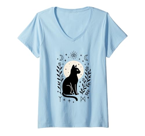 Damen Okkulte Schwarze Katze Hexerei Mondphasen Magie Ästhetik T-Shirt mit V-Ausschnitt von Mystic Moon Cat Witchy Feline Celestial Aesthetic