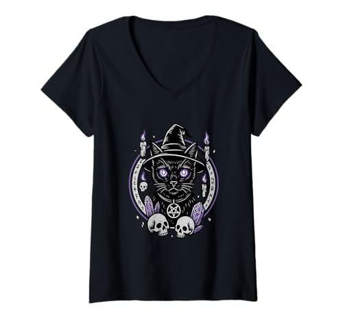 Damen Okkulte Schwarze Katze Hexerei Mondphasen Magie Ästhetik T-Shirt mit V-Ausschnitt von Mystic Moon Cat Witchy Feline Celestial Aesthetic