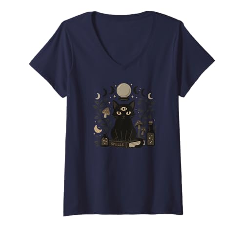 Damen Okkulte Schwarze Katze Hexerei Mondphasen Magie Ästhetik T-Shirt mit V-Ausschnitt von Mystic Moon Cat Witchy Feline Celestial Aesthetic