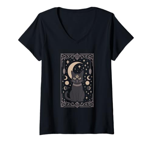 Damen Okkulte Schwarze Katze Hexerei Mondphasen Magie Ästhetik T-Shirt mit V-Ausschnitt von Mystic Moon Cat Witchy Feline Celestial Aesthetic