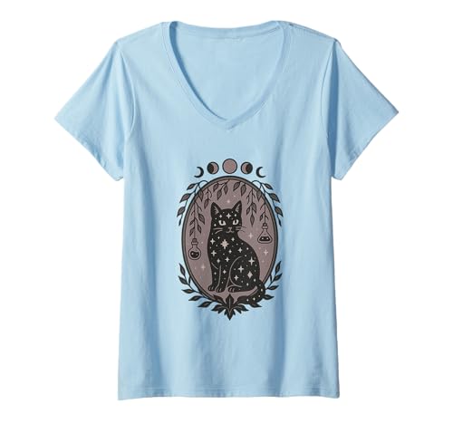 Damen Okkulte Schwarze Katze Hexerei Mondphasen Magie Ästhetik T-Shirt mit V-Ausschnitt von Mystic Moon Cat Witchy Feline Celestial Aesthetic