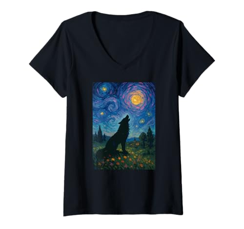 Damen Wolf heult bei Mond Sternennächte Landschaft T-Shirt mit V-Ausschnitt Damen Wolf heult bei Mond Sternennächte Landschaft T-Shirt mit V-Ausschnitt von Mystic Moonlight Wolf Dreams