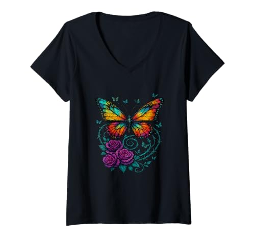 Damen Schmetterlinge und Stacheldraht, ästhetisch T-Shirt mit V-Ausschnitt Damen Schmetterlinge und Stacheldraht, ästhetisch T-Shirt mit V-Ausschnitt von Mystic Nature Collective