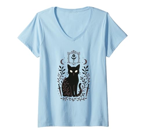 Damen Katze Okkulte Hexerei Symbol Mystische heidnische Kunst T-Shirt mit V-Ausschnitt Damen Katze Okkulte Hexerei Symbol Mystische heidnische Kunst T-Shirt mit V-Ausschnitt von Mystic Occult Cat Witchy Pagan Magick