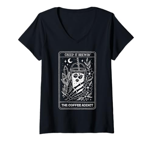 Damen Creep It Brewin Kaffee Skelett Hand Eiskaffee Halloween T-Shirt mit V-Ausschnitt von Mystic Skeleton Tarot Inspired Graphic Apparel Co