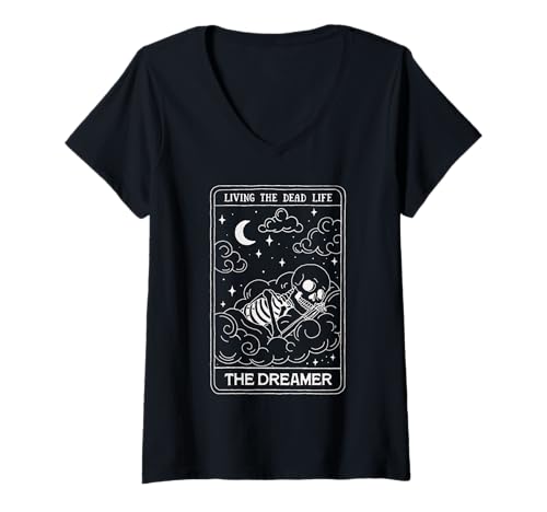 Damen Living The Dead Life The Dreamer Skelett Tarot Halloween T-Shirt mit V-Ausschnitt von Mystic Skeleton Tarot Inspired Graphic Apparel Co
