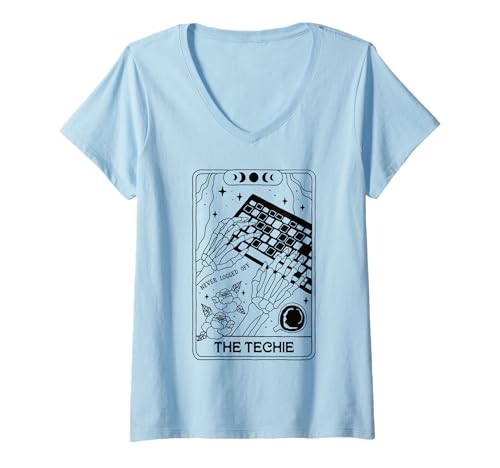 Damen Skeleton Tarotkarte Techie Never Logged Off Funny Geek Gamer T-Shirt mit V-Ausschnitt von Mystic Skeleton Tarot Inspired Graphic Apparel Co