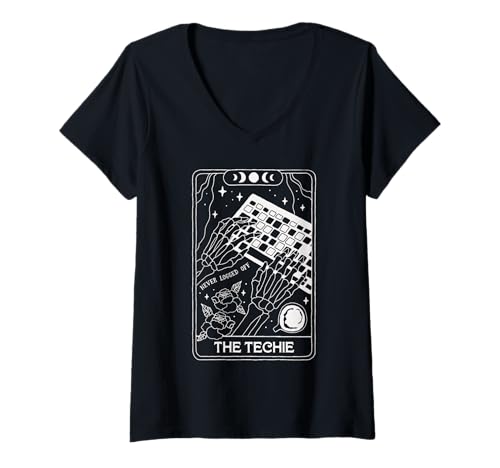 Damen Skeleton Tarotkarte Techie Never Logged Off Funny Geek Gamer T-Shirt mit V-Ausschnitt von Mystic Skeleton Tarot Inspired Graphic Apparel Co