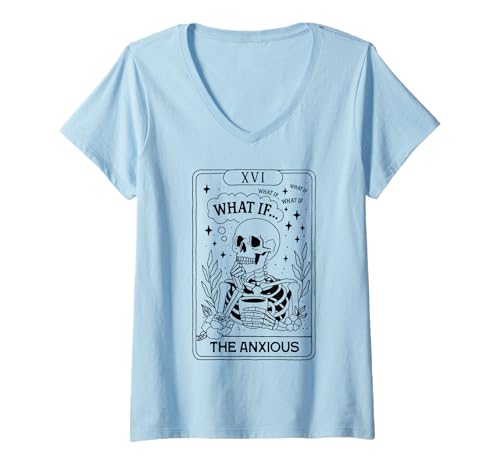 Damen Skelett Tarotkarte What If Anxiety The Anxious Funny Gothic T-Shirt mit V-Ausschnitt von Mystic Skeleton Tarot Inspired Graphic Apparel Co