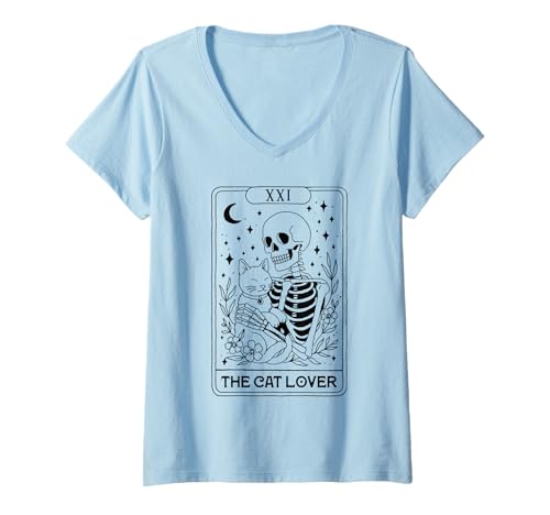 Damen Tarot-Skelett Umarmung Katze Gothic Hexe Halloween Katzenliebhaber T-Shirt mit V-Ausschnitt von Mystic Skeleton Tarot Inspired Graphic Apparel Co