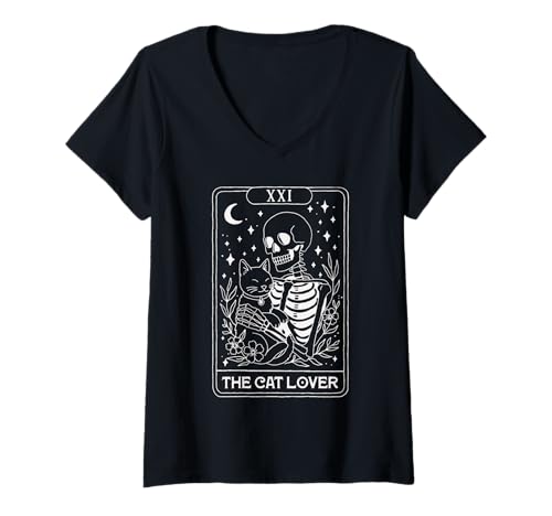 Damen Tarot-Skelett Umarmung Katze Gothic Hexe Halloween Katzenliebhaber T-Shirt mit V-Ausschnitt von Mystic Skeleton Tarot Inspired Graphic Apparel Co
