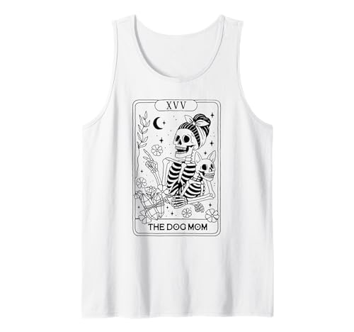 Skelett Tarotkarte Hund Mama Lustige Tierliebhaber Astrologie Frauen Tank Top von Mystic Skeleton Tarot Inspired Graphic Apparel Co