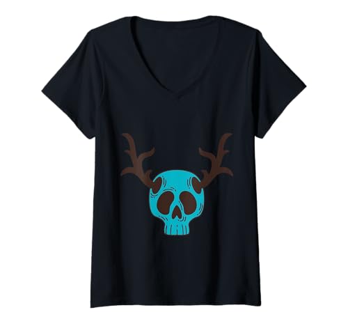Damen Totenkopf mit Geweih Illustration T-Shirt mit V-Ausschnitt Damen Totenkopf mit Geweih Illustration T-Shirt mit V-Ausschnitt von Mystic Skull Art