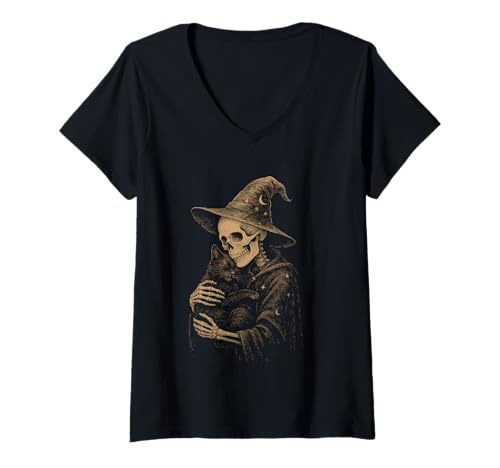 Damen Skelett Zauberer Umarmung Katze Gothic Hexerei T-Shirt mit V-Ausschnitt Damen Skelett Zauberer Umarmung Katze Gothic Hexerei T-Shirt mit V-Ausschnitt von Mystic Skull Cat Art