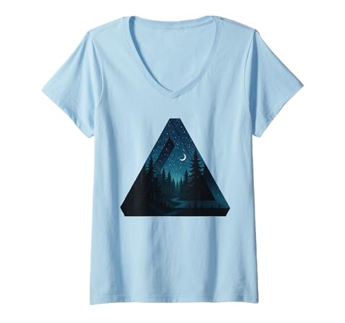 Damen Dreieck, Wald, Mond, geometrisches Kunstwerk T-Shirt mit V-Ausschnitt Damen Dreieck, Wald, Mond, geometrisches Kunstwerk T-Shirt mit V-Ausschnitt von Mystic Timber