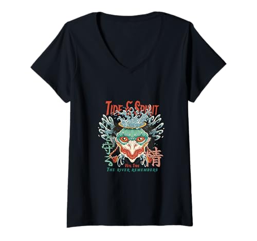 Damen Tide & Spirit Yokai Ozean-Maskendesign T-Shirt mit V-Ausschnitt Damen Tide & Spirit Yokai Ozean-Maskendesign T-Shirt mit V-Ausschnitt von Mystic Yokai Apparel