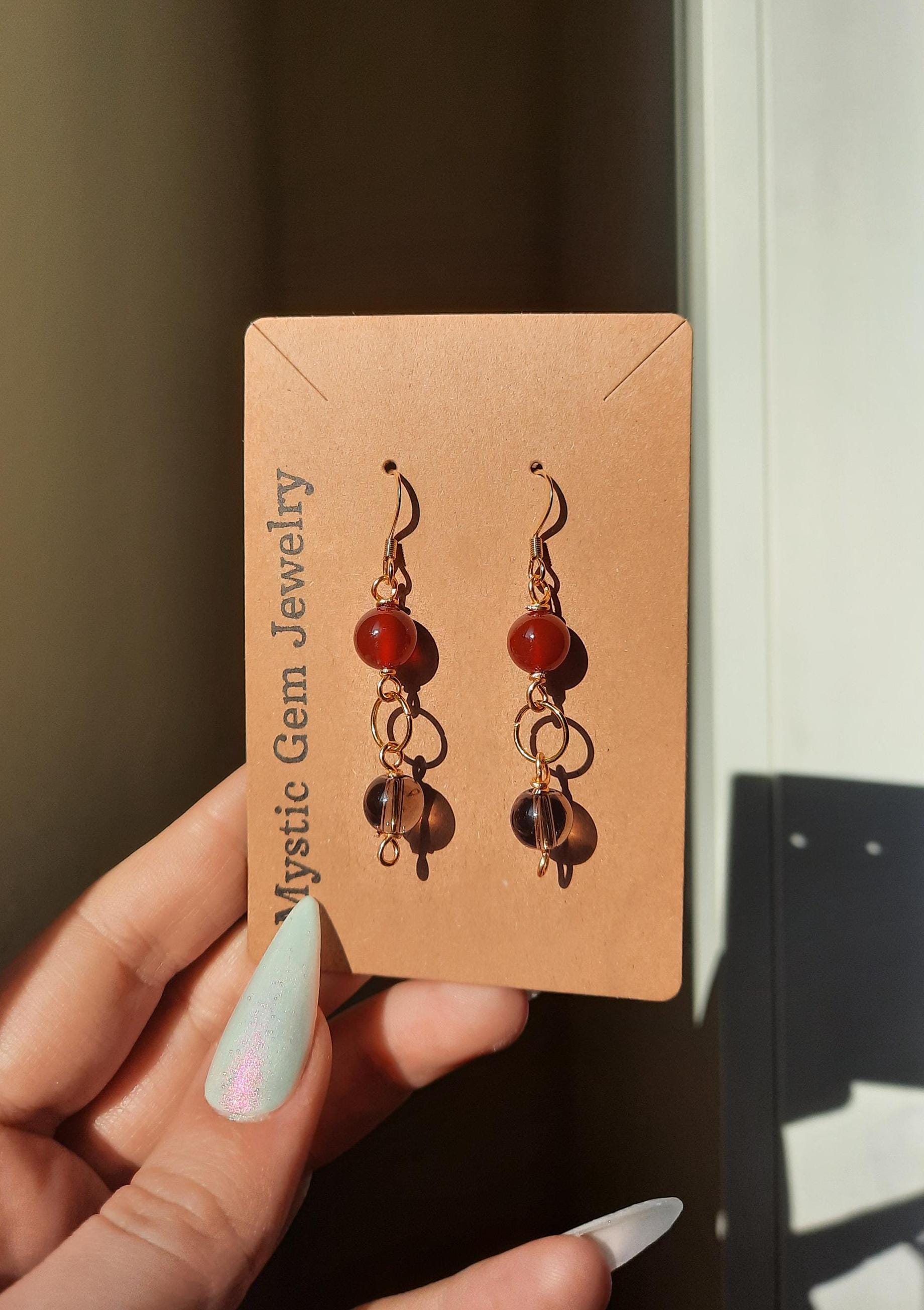 Karneol Und Rauchquarz Doppel Ohrringe, Drahtschmuck, Edelsteinschmuck von MysticGemJewelryy