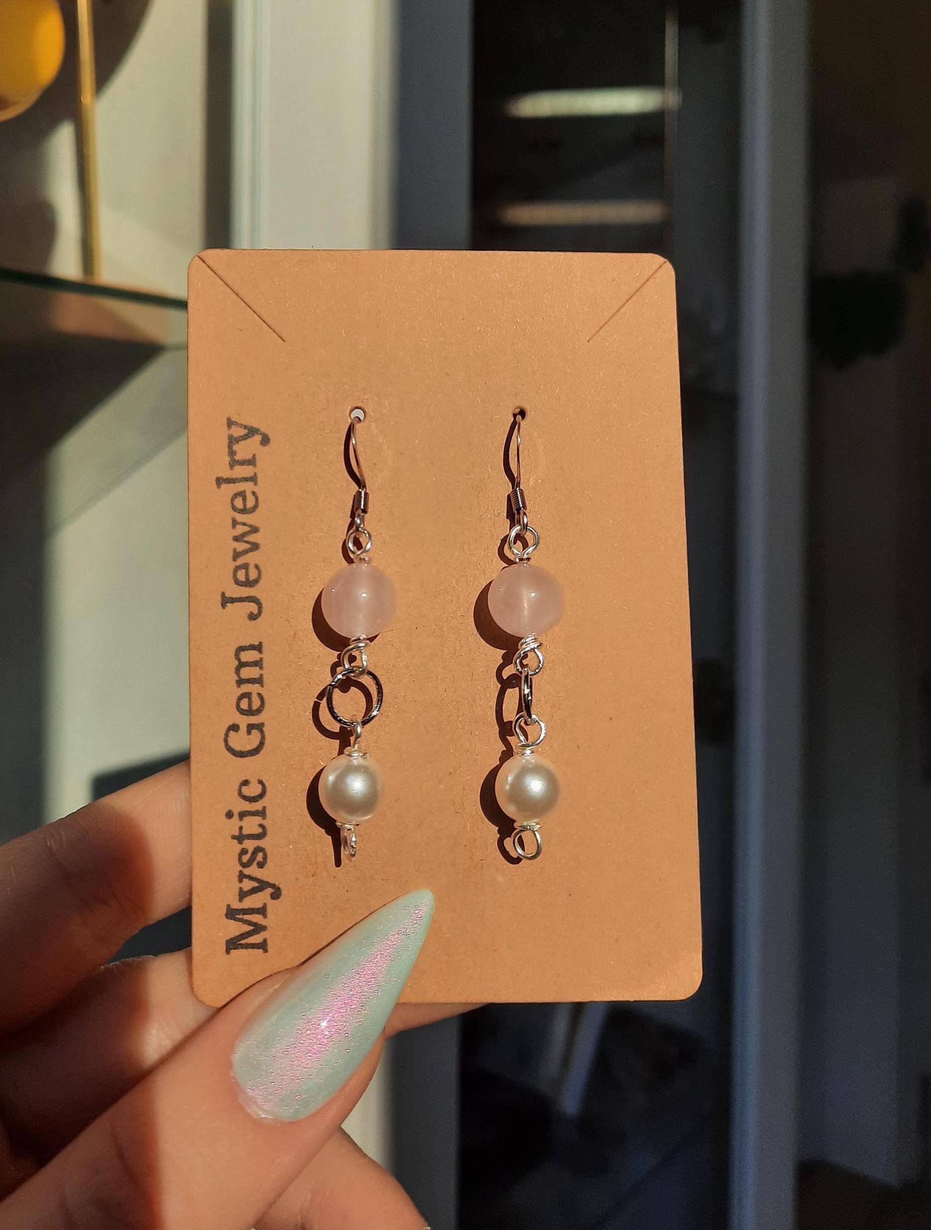 Rosenquarz Und Perle Doppel Ohrringe, Drahtschmuck, Edelsteinschmuck von MysticGemJewelryy