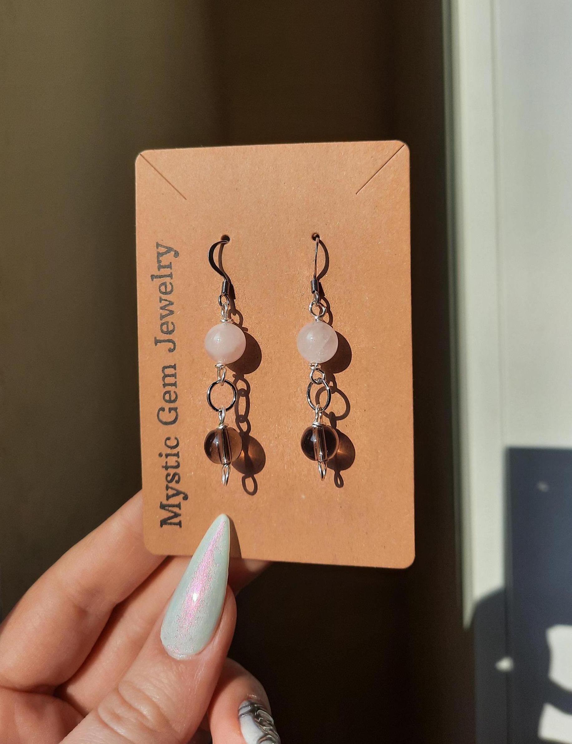 Rosenquarz Und Rauchquarz Doppel Ohrringe, Drahtschmuck, Edelsteinschmuck von MysticGemJewelryy