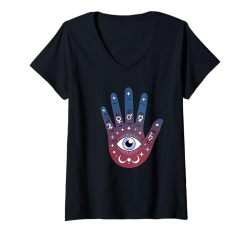 Damen Astrologie-Palme-Symbole, kosmische Magie, spirituelle Sternkarte T-Shirt mit V-Ausschnitt Damen Astrologie-Palme-Symbole, kosmische Magie, spirituelle Sternkarte T-Shirt mit V-Ausschnitt von MysticPalm