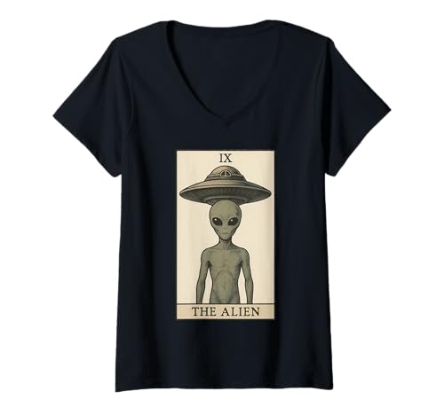 Damen The Alien Tarotkarte Lustige Einsiedler Okkultes Heidentum T-Shirt mit V-Ausschnitt Damen The Alien Tarotkarte Lustige Einsiedler Okkultes Heidentum T-Shirt mit V-Ausschnitt von Mystical Alien Tarot Card Major Arcana Pagan