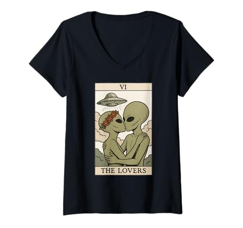 Damen The Lovers Lustige Alien-Tarotkarte für Paare, okkultes T-Shirt mit V-Ausschnitt Damen The Lovers Lustige Alien-Tarotkarte für Paare, okkultes T-Shirt mit V-Ausschnitt von Mystical Alien Tarot Card Paganism UFO Design