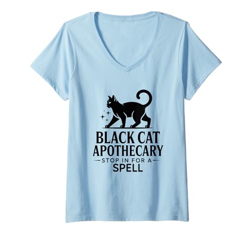 Damen Black Cat Apotheker Stop In for A Spell T-Shirt mit V-Ausschnitt Damen Black Cat Apotheker Stop In for A Spell T-Shirt mit V-Ausschnitt von Mystical Black Cat Apothecary Magic Charm