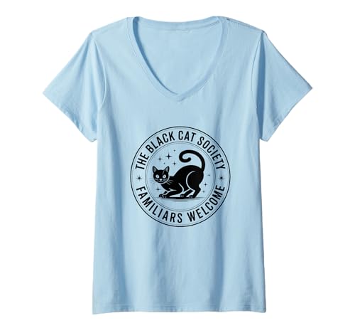 Damen Das Design „Familiars Welcome“ der Black Cat Society T-Shirt mit V-Ausschnitt Damen Das Design „Familiars Welcome“ der Black Cat Society T-Shirt mit V-Ausschnitt von Mystical Black Cat Enthusiasts Gathering