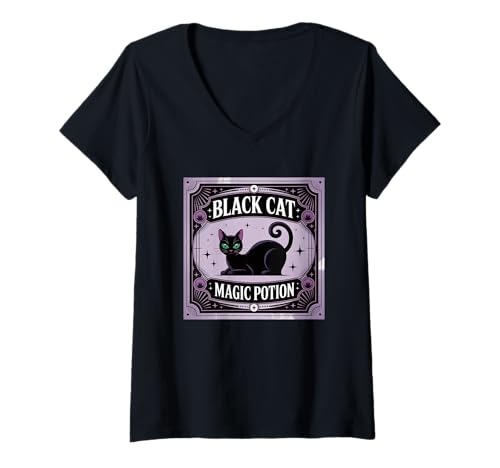 Damen Schwarzer Katzen-Zaubertrank-Halloween-Charm T-Shirt mit V-Ausschnitt Damen Schwarzer Katzen-Zaubertrank-Halloween-Charm T-Shirt mit V-Ausschnitt von Mystical Black Cat Halloween Enthusiasts