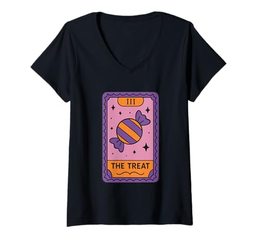 Damen The Treat Tarotkarte Halloween Candy Fun T-Shirt mit V-Ausschnitt Damen The Treat Tarotkarte Halloween Candy Fun T-Shirt mit V-Ausschnitt von Mystical Candy Tarot Halloween Fun