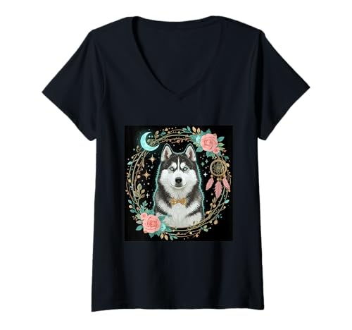 Damen Husky Alaskan Celestial Husky Night Dream Dog Schneeblaue Augen T-Shirt mit V-Ausschnitt Damen Husky Alaskan Celestial Husky Night Dream Dog Schneeblaue Augen T-Shirt mit V-Ausschnitt von Mystical Dog Family Husky Pet