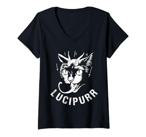 Damen Lucipurr Katzenmotiv mit Hörnern T-Shirt mit V-Ausschnitt Damen Lucipurr Katzenmotiv mit Hörnern T-Shirt mit V-Ausschnitt von Mystical Feline Creations
