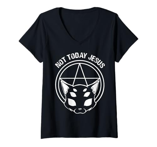Damen Not Today Jesus-Katzen-Design T-Shirt mit V-Ausschnitt Damen Not Today Jesus-Katzen-Design T-Shirt mit V-Ausschnitt von Mystical Feline Creations