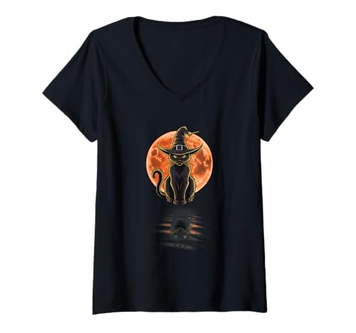 Damen Schwarzer Katzenhut Moon Reflections T-Shirt mit V-Ausschnitt Damen Schwarzer Katzenhut Moon Reflections T-Shirt mit V-Ausschnitt von Mystical Feline Moon Magic Reflections