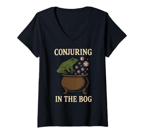 Damen Frosch Hexe Kröte Vertraut Cottagecore Hexe Okkultes Tier T-Shirt mit V-Ausschnitt Damen Frosch Hexe Kröte Vertraut Cottagecore Hexe Okkultes Tier T-Shirt mit V-Ausschnitt von Mystical Frog Witchy Cottagecore Forest Witch