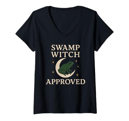 Damen Frosch Hexe Kröte Vertraut Cottagecore Hexe Okkultes Tier T-Shirt mit V-Ausschnitt Damen Frosch Hexe Kröte Vertraut Cottagecore Hexe Okkultes Tier T-Shirt mit V-Ausschnitt von Mystical Frog Witchy Cottagecore Forest Witch