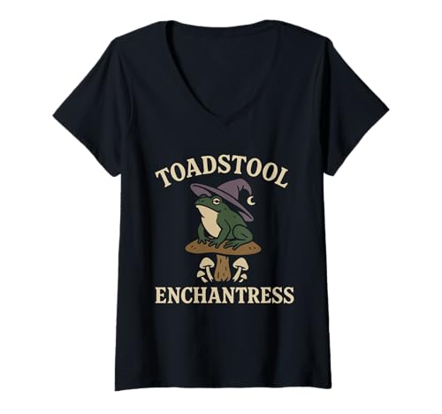 Damen Frosch Hexe Kröte Vertraut Cottagecore Hexe Okkultes Tier T-Shirt mit V-Ausschnitt Damen Frosch Hexe Kröte Vertraut Cottagecore Hexe Okkultes Tier T-Shirt mit V-Ausschnitt von Mystical Frog Witchy Cottagecore Forest Witch