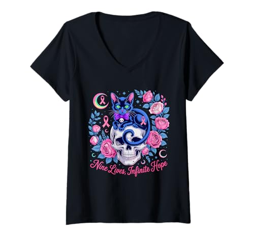 Damen Schädel und Katze Pinke Bänder Brustkrebs Halloween T-Shirt mit V-Ausschnitt Damen Schädel und Katze Pinke Bänder Brustkrebs Halloween T-Shirt mit V-Ausschnitt von Mystical Hopeful Feline Awareness