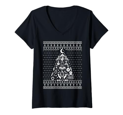 Damen Witchy Christmas Tree Witchcraft Wicca Hässlicher Pullover T-Shirt mit V-Ausschnitt von Mystical Occult Goth Christmas Sweater XMAS Design