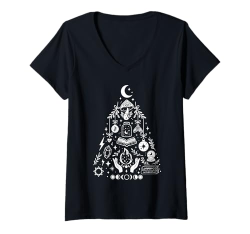 Damen Hexe Weihnachtsbaum Hexerei Wicca Gothic Xmas T-Shirt mit V-Ausschnitt Damen Hexe Weihnachtsbaum Hexerei Wicca Gothic Xmas T-Shirt mit V-Ausschnitt von Mystical Occult Goth Christmas XMAS Tree Design