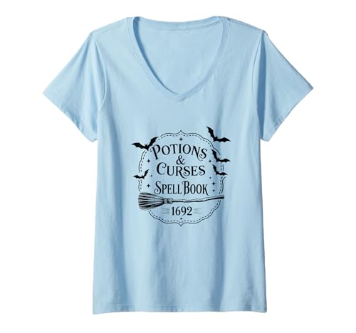 Damen Zauberbuch 1692 Potions & Curses Spell Book T-Shirt mit V-Ausschnitt Damen Zauberbuch 1692 Potions & Curses Spell Book T-Shirt mit V-Ausschnitt von Mystical Potions Curses Magic Enthusiast
