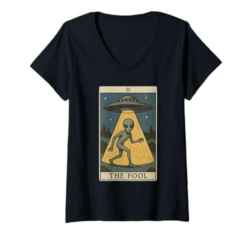 Damen Witchy The Fool Lustiges Tarot-Alien Mystisches Heidentum T-Shirt mit V-Ausschnitt Damen Witchy The Fool Lustiges Tarot-Alien Mystisches Heidentum T-Shirt mit V-Ausschnitt von Mystical Sci Fi Alien Tarot Cards Occult Design